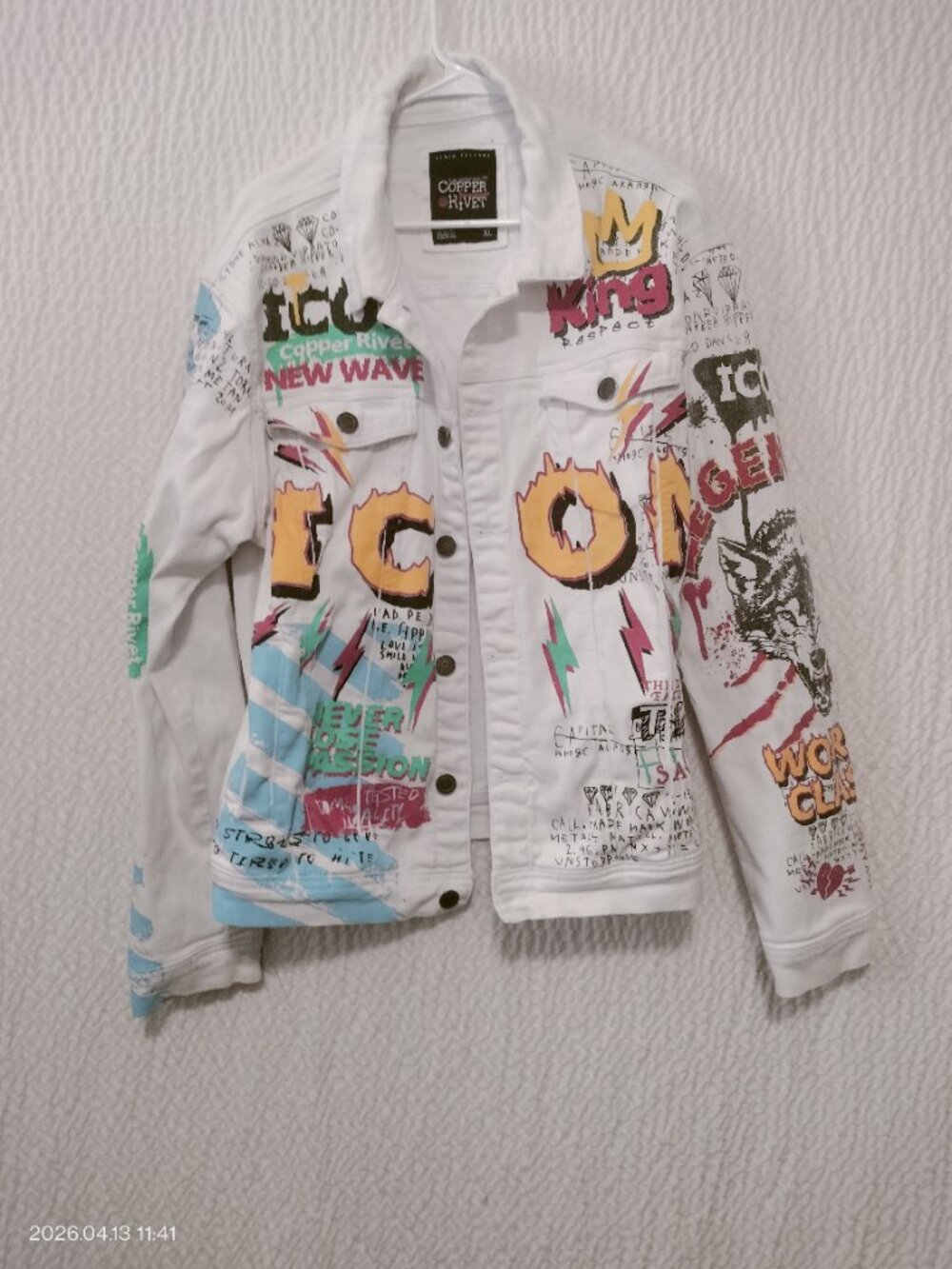 ‎Copper Rivet White Denim Jacket Graffiti Print King Crown Icon Wave XL